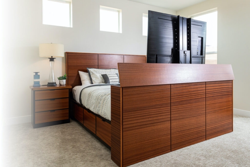 Modern TV Bed Frame with Built-In Lift Storage