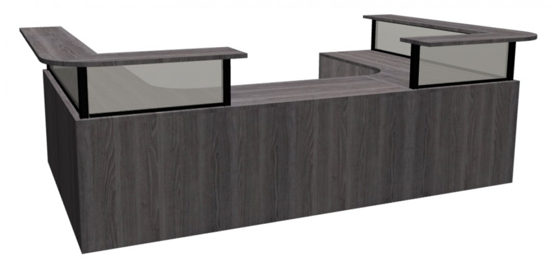 Modern Two-Person Walnut Reception Desk with Privacy Panels