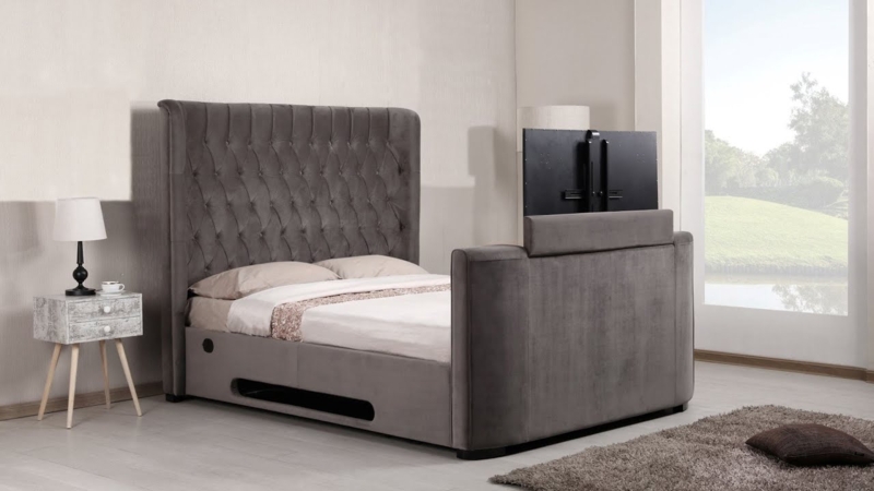 Modern Upholstered Bed with Built-in Pop-up TV