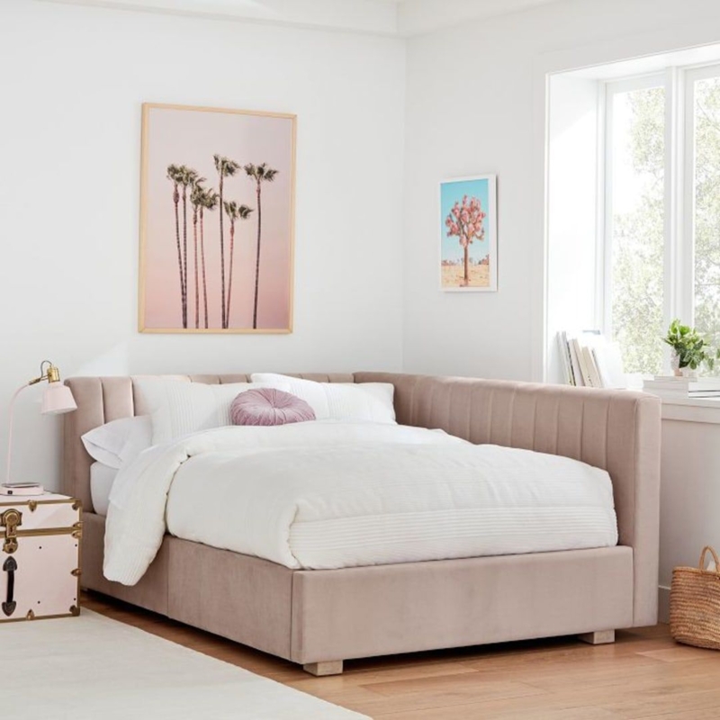 Modern Upholstered Corner Bed with Neutral Tones