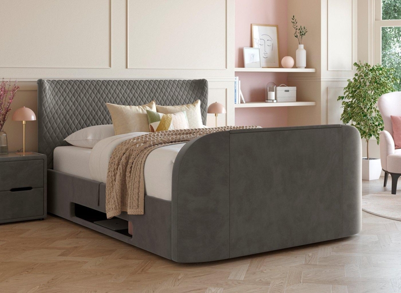 Modern Velvet Ottoman TV Bed Frame in Cozy Bedroom