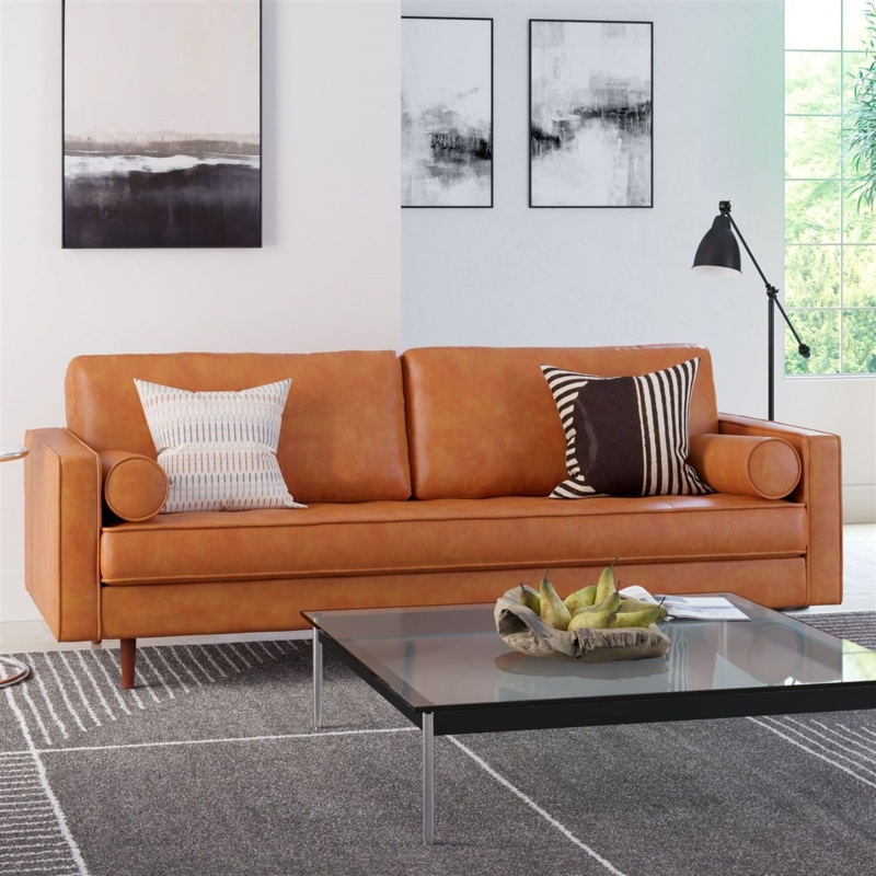 Modern Vintage Leather Sofa with Patterned Cushions