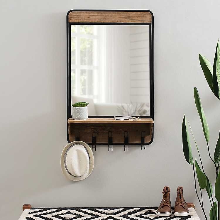 Modern Wall Mirror with Shelf and Hooks