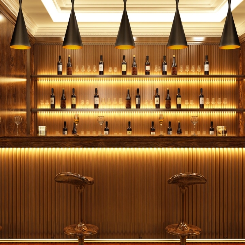 Modern Warm Wooden Bar Counter with Pendant Lamps