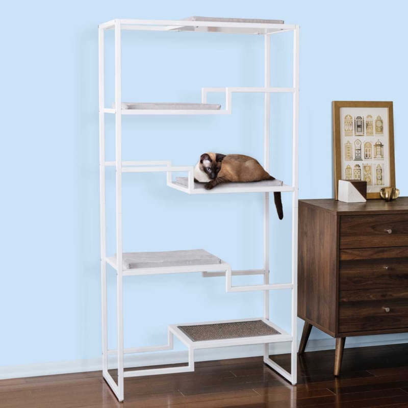 Modern White Cat Tree with Built-In Shelves