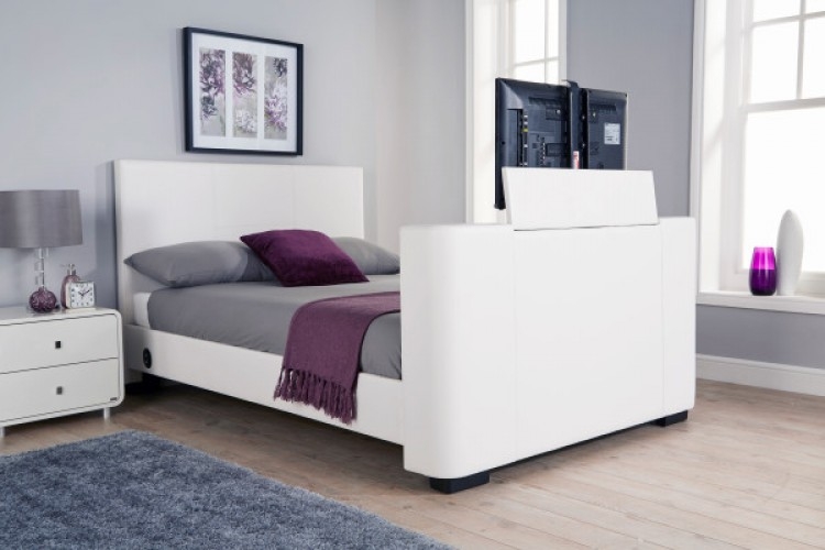 Modern White Faux Leather Electric TV Bed Frame