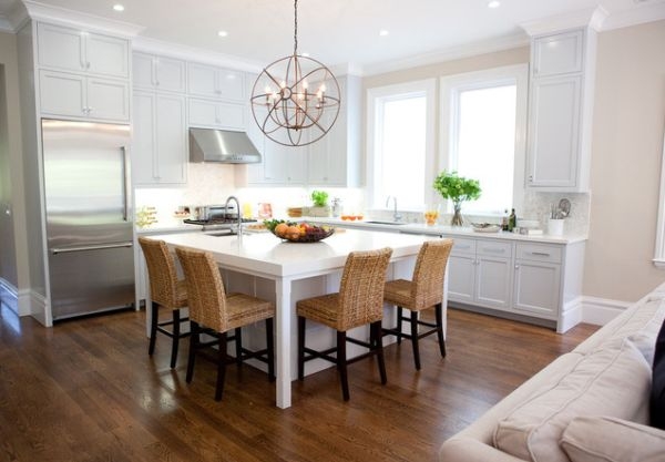 Modern White Kitchen Island with Natural Rattan Chairs