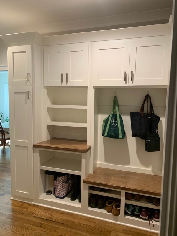Modern White Mudroom Bench with Storage Cabinets