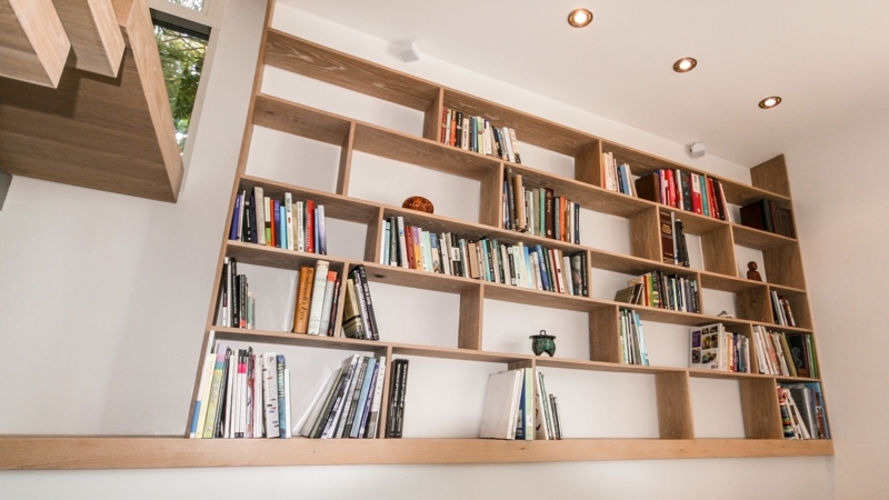 Modern White Oak Bookshelves with Wooden Cabinet Pulls