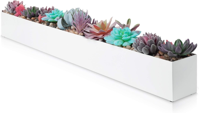 Modern White Rectangle Metal Planter with Succulents