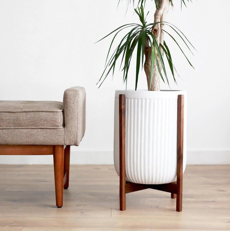 Modern White Ribbed Planter with Wooden Stand