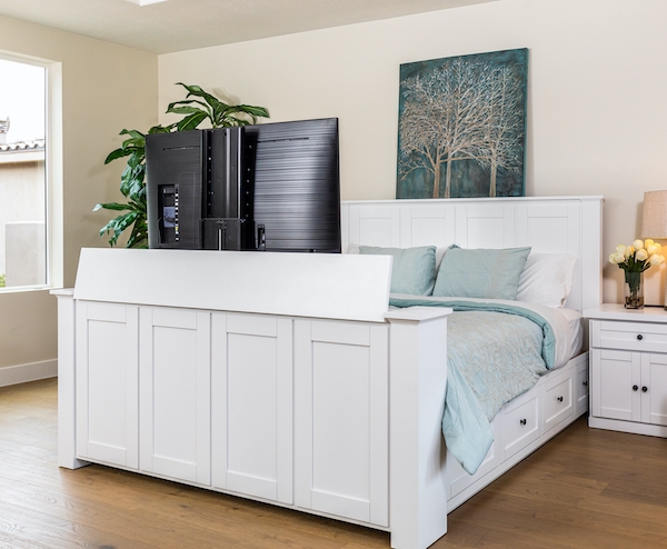 Modern White TV Bed Frame with Hidden Lift Mechanism