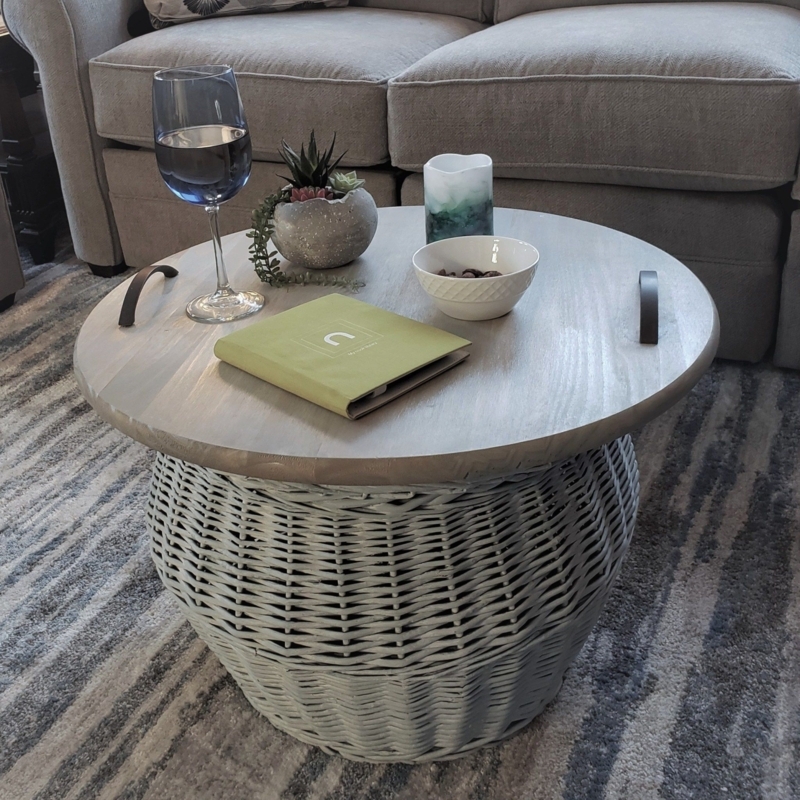 Modern Wicker Basket Coffee Table with Wooden Top