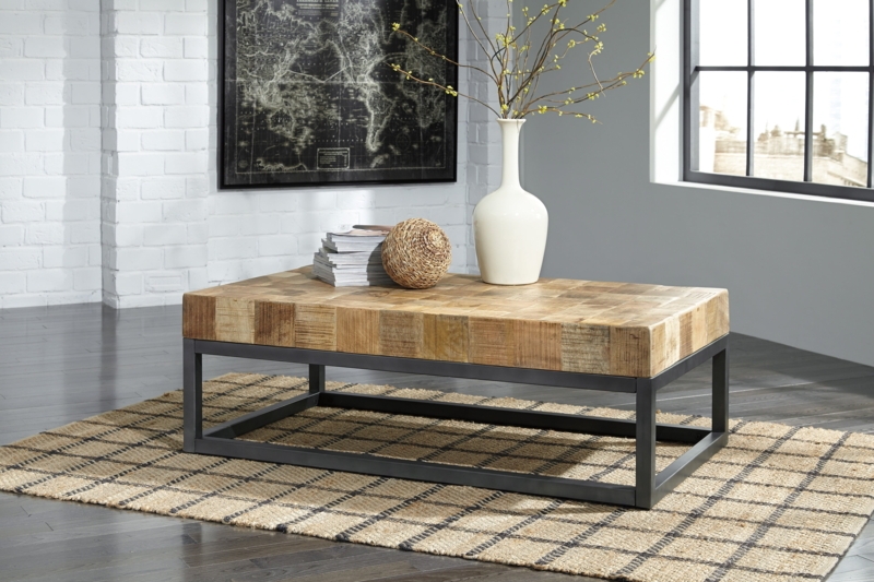 Modern Wood Block Coffee Table with Metal Frame