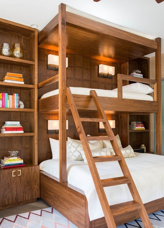 Modern Wooden Bunk Bed with Built-In Shelving