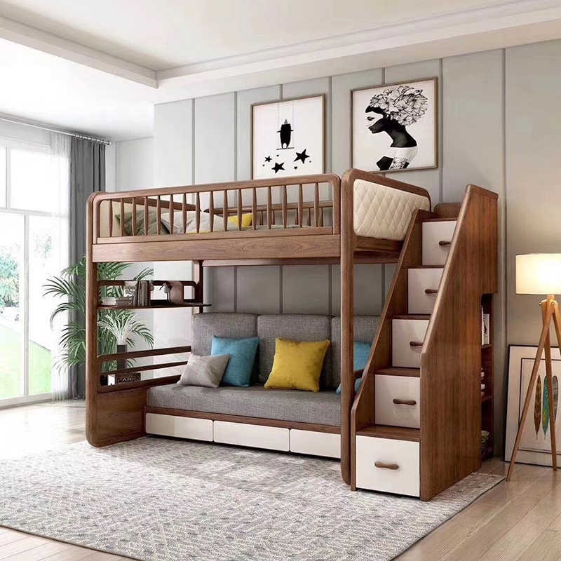 Modern Wooden Bunk Bed with Storage Stairs