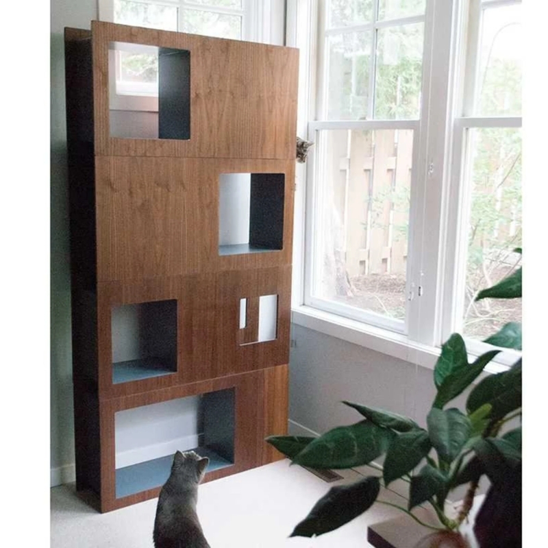 Modern Wooden Cat Tree and Bookcase Combo