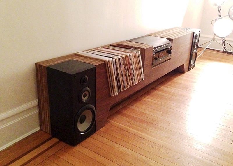 Modern Wooden Media Console with Vinyl Record Storage