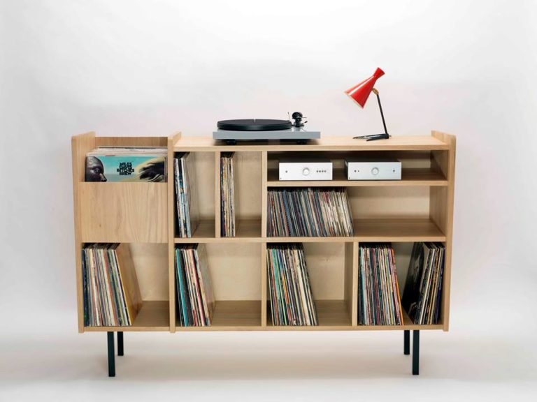Modern Wooden Record Player Console with Storage