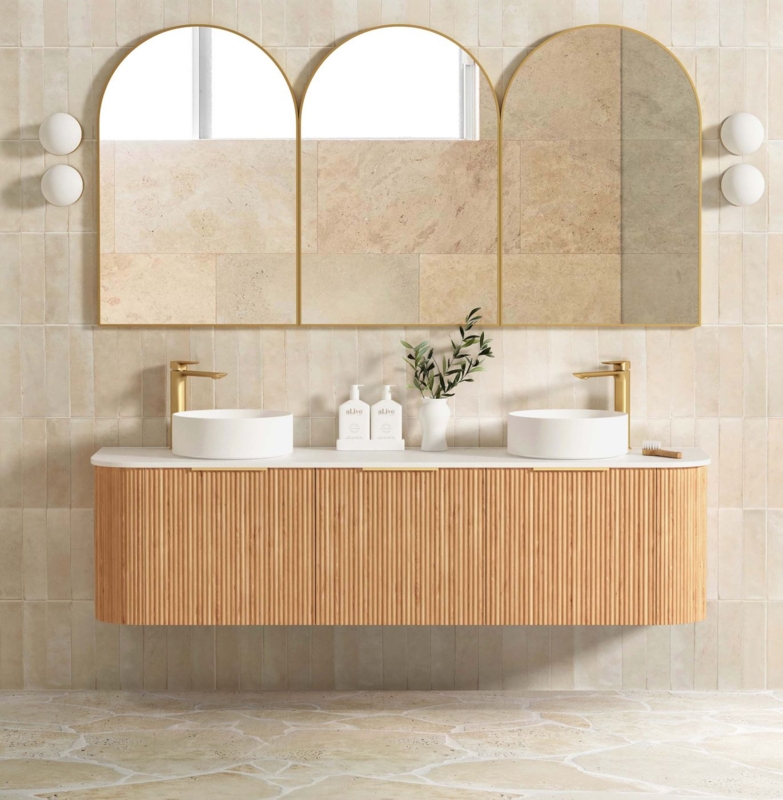 Modern Woodland Oak Fluted Curve Vanity with Mirrors
