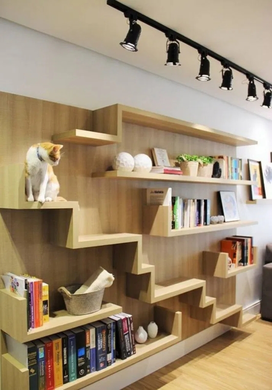 Modern Zigzag Wall-Mounted Bookcase with Integrated Cat Steps