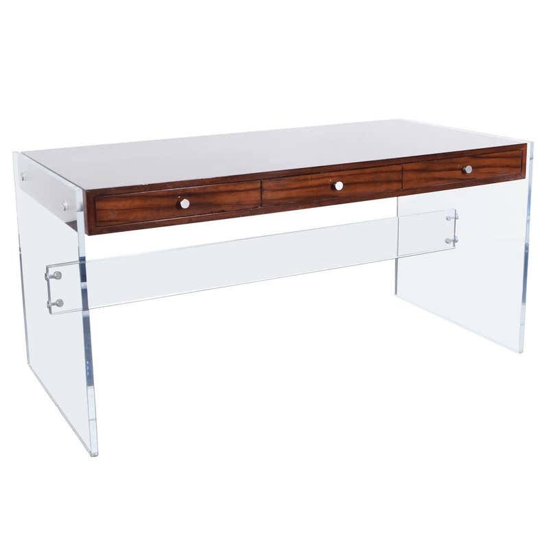 Modernist Lucite Desk with Wooden Drawers