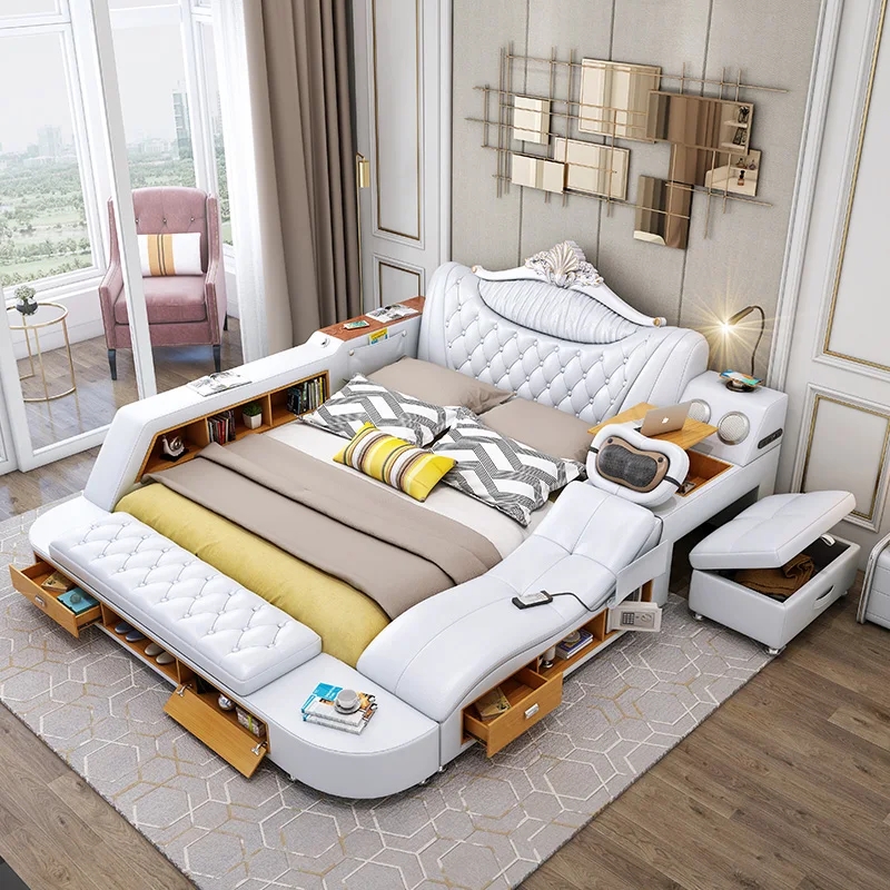Multifunctional Genuine Leather Smart Bed with Storage