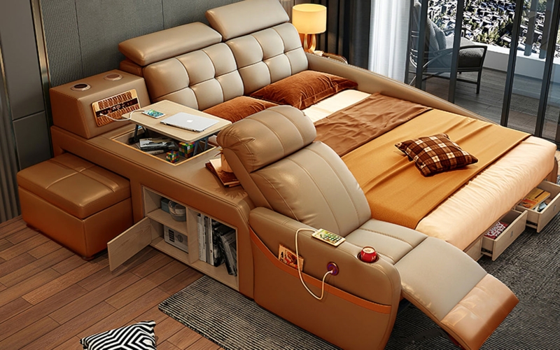 Multifunctional Smart Leather Bed with Storage and Seating