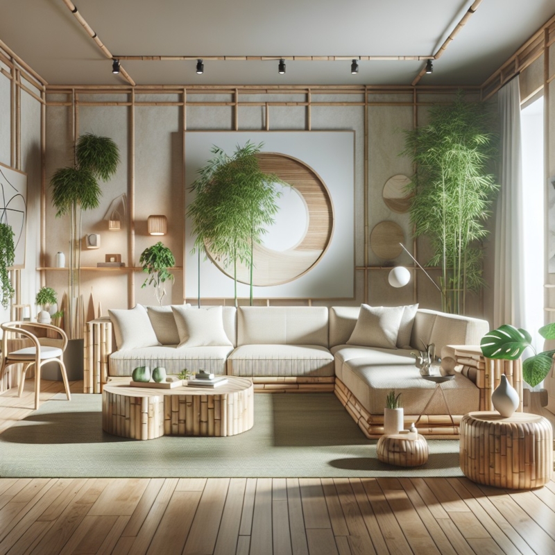 Natural Bamboo Sectional Sofa with Greenery Accents