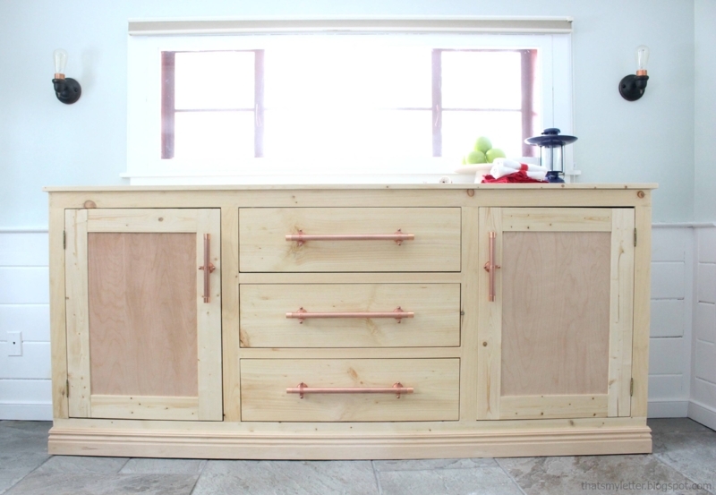 Natural Wood Extra Long Sideboard with Copper Handles