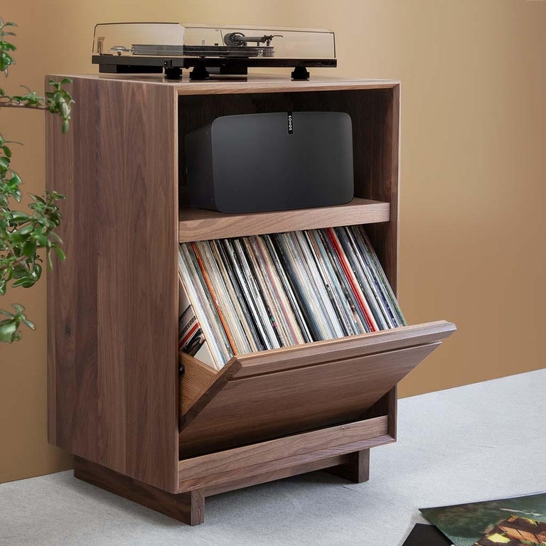 Natural Wood Media Console with Vinyl and Sonos Storage