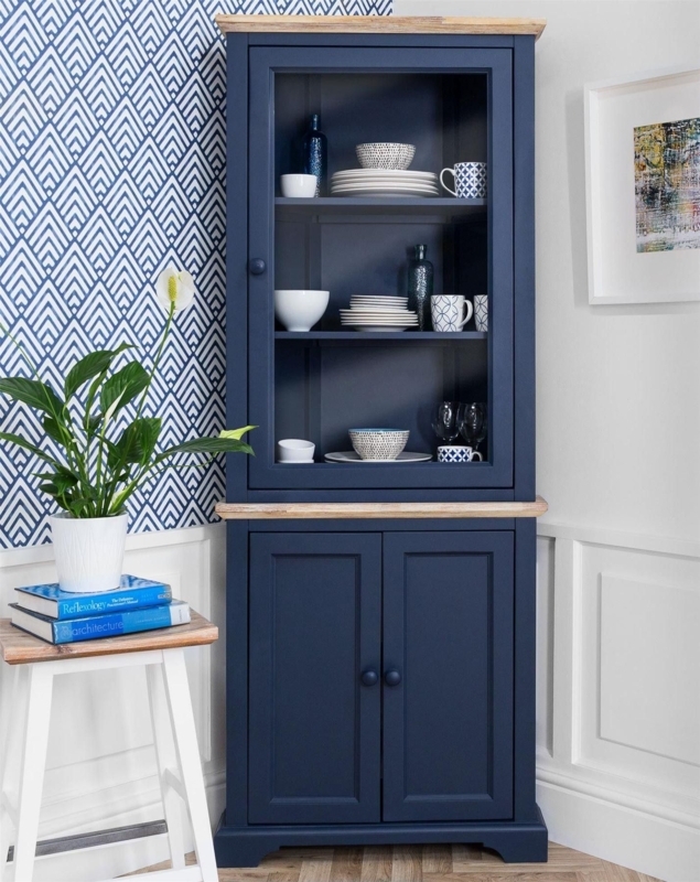 Navy Blue Corner Display Cabinet with Natural Wood Top