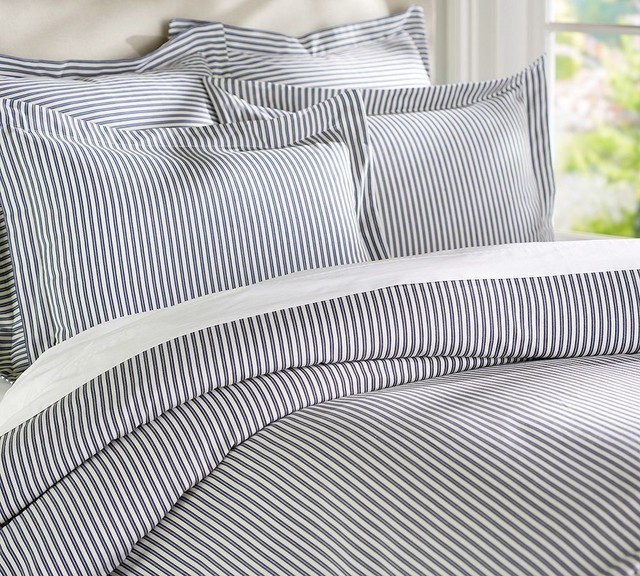 Navy Blue Thatcher Ticking Stripe Bedding Set