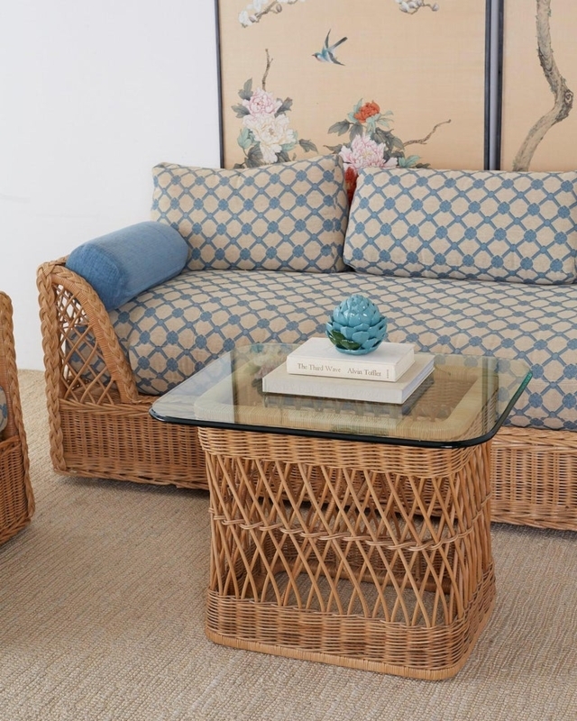 Organic Modern Rattan Daybed Sofa with Glass Coffee Table