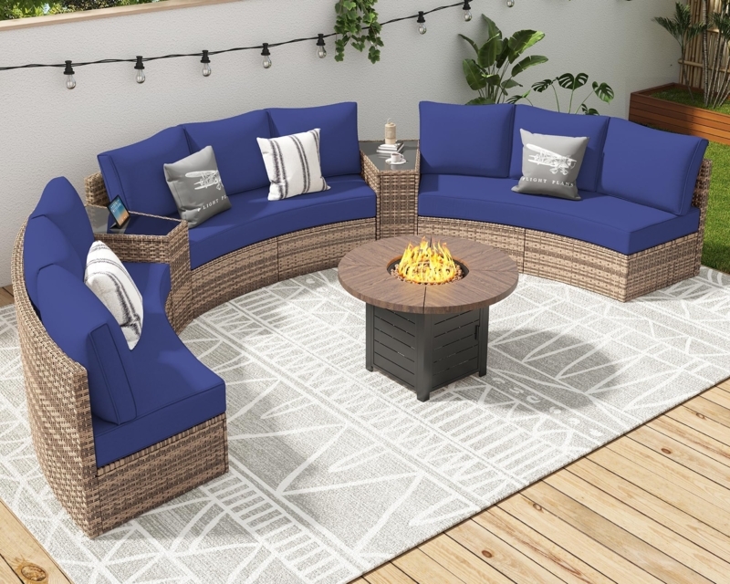 Outdoor Curved Wicker Sofa Set with Blue Cushions