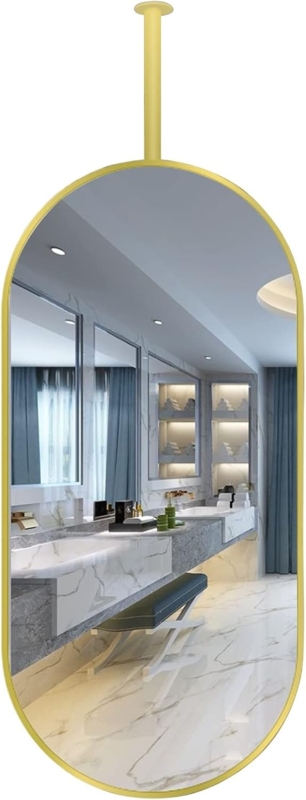 Oval Metal Ceiling Mounted Bathroom Mirror with Rod
