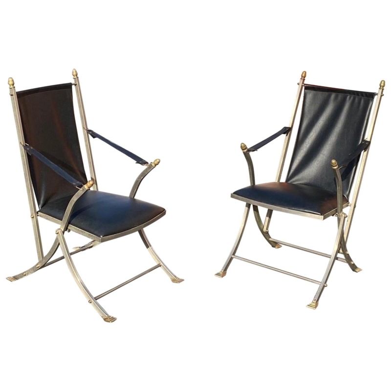 Pair of Black Leather Campaign Folding Chairs by Palecek