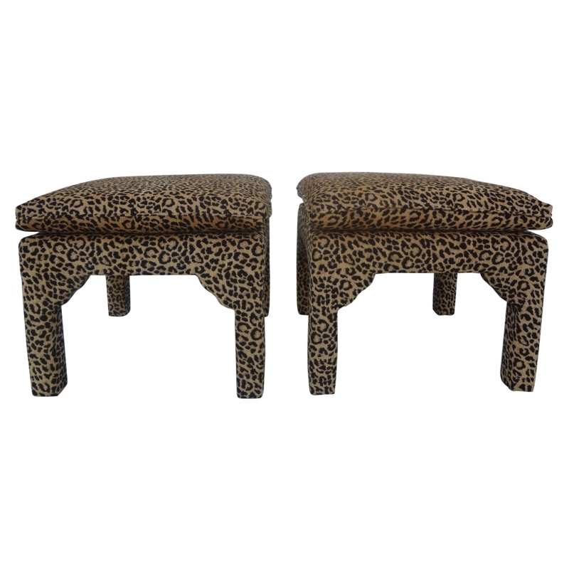 Pair of Leopard Print Upholstered Ottomans