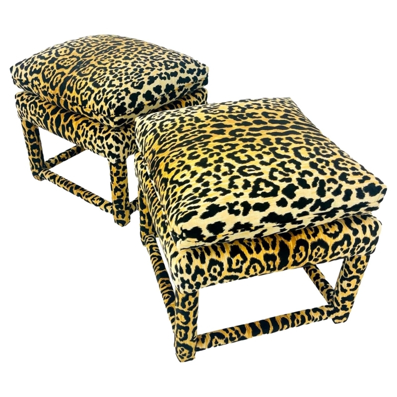 Pair of Luxurious Leopard Print Velvet Ottomans