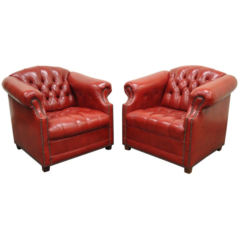 Pair of Red Leather Chesterfield Club Chairs