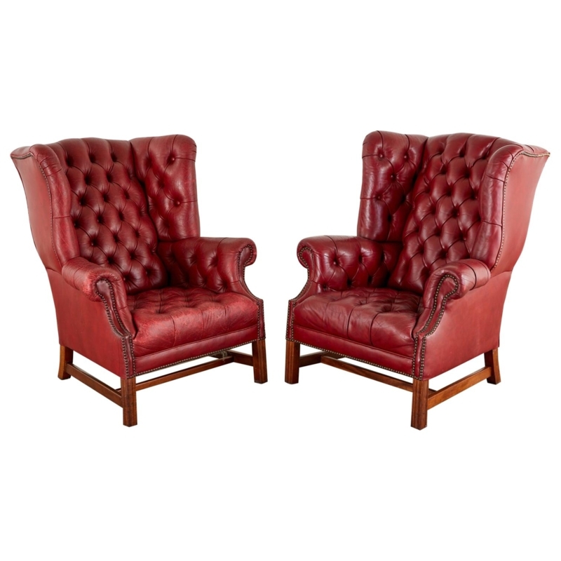 Pair of Red Leather Georgian Tufted Wingback Chairs