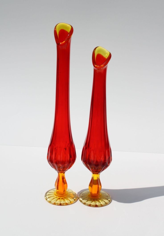 Pair of Vintage Amberina Glass Pedestal Vases
