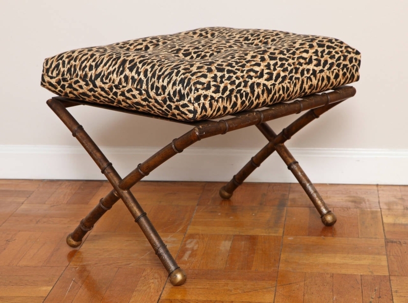 Pair of X-Form Gilt Metal Faux Bamboo Ottomans with Leopard Print ...
