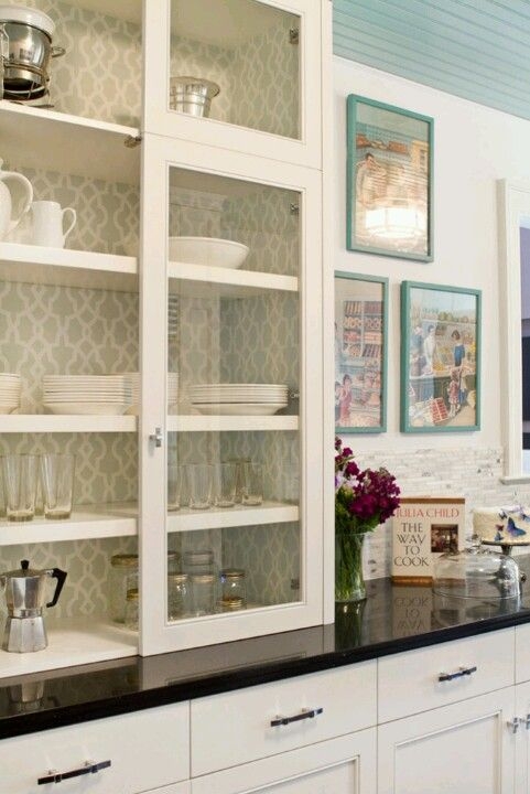 Patterned Wallpaper Inside Glass Kitchen Cabinets
