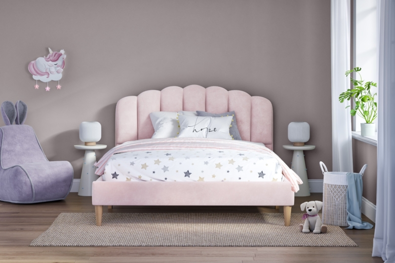 Pink Scallop Velvet Kids Bedroom Bed Frame
