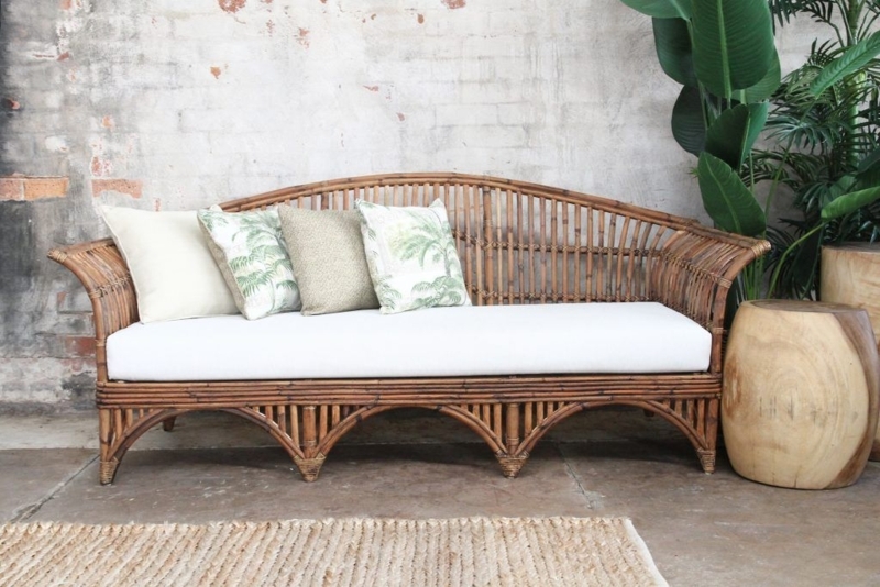 Rattan Cane Daybed with Tropical Throw Pillows