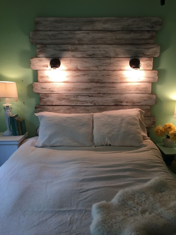 Reclaimed Wood Lighted White Queen Headboard