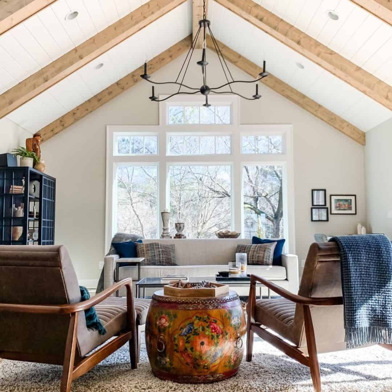 Rectangular Chandelier Highlighting Vaulted Ceiling Design