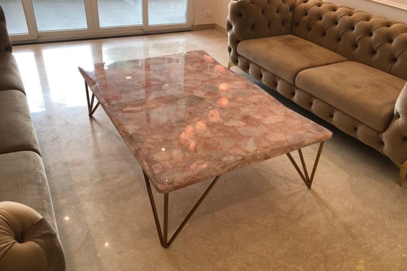 Rose Quartz Stone Coffee Table with Metal Legs