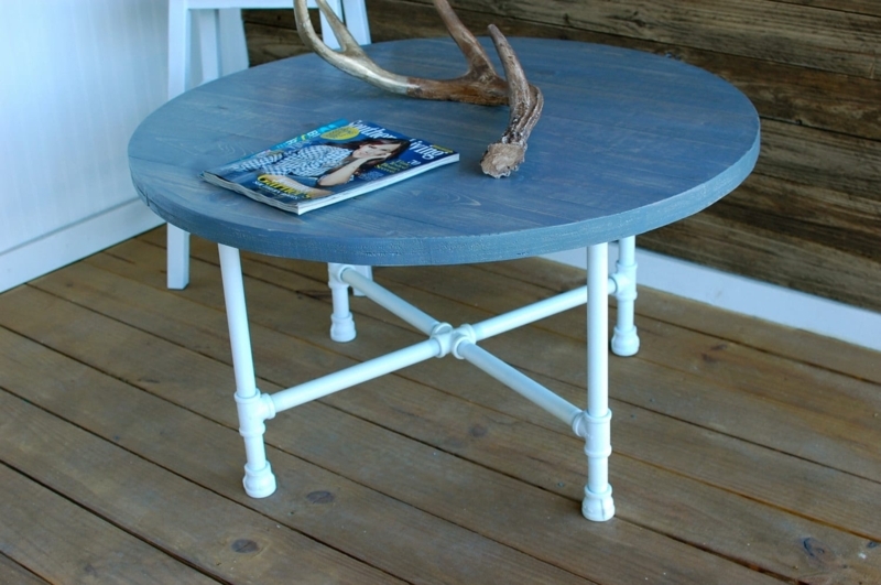 Round Blue Wood Coastal Coffee Table with White Metal Legs